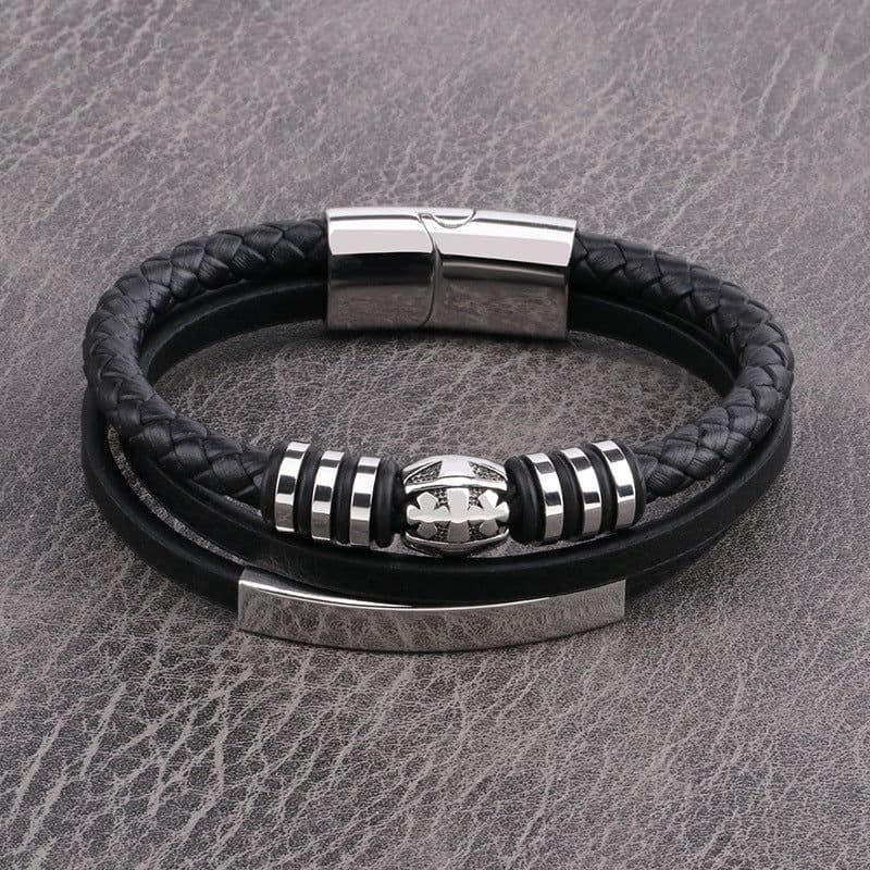 image-Men's Stainless Steel Cross Multilayer Leather Braided Bracelet