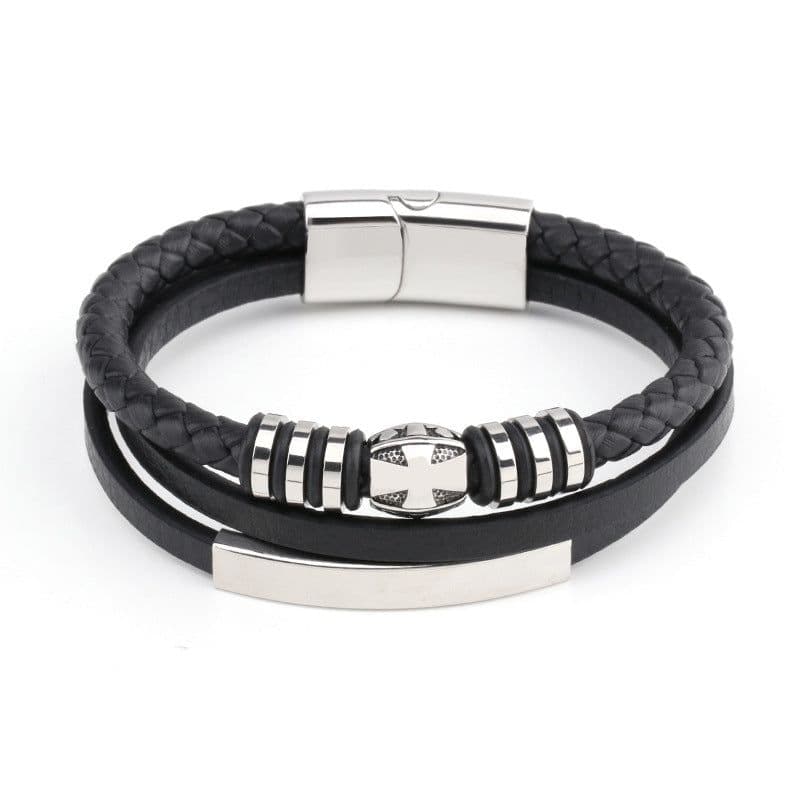 image-Men's Stainless Steel Cross Multilayer Leather Braided Bracelet