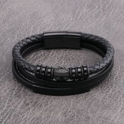 image-Men's Stainless Steel Cross Multilayer Leather Braided Bracelet