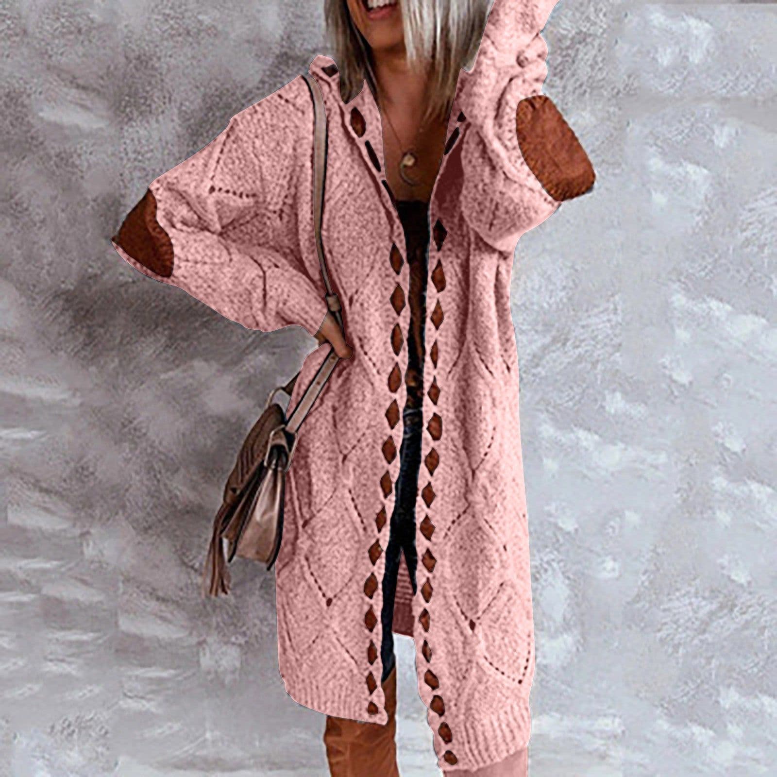 image-Women's Long Sleeve Hooded Cardigan Sweater Knit Coat M110