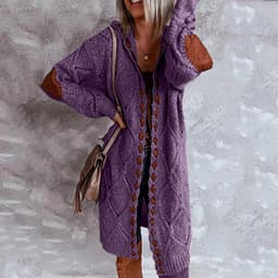 image-Women's Long Sleeve Hooded Cardigan Sweater Knit Coat M110