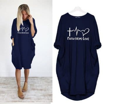 image-Women's Round Neck Long Sleeve Printed Loose Midi Dress