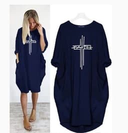 image-Women's Round Neck Long Sleeve Printed Loose Midi Dress