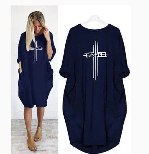 image-Women's Round Neck Long Sleeve Printed Loose Midi Dress