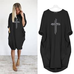 image-Women's Round Neck Long Sleeve Printed Loose Midi Dress