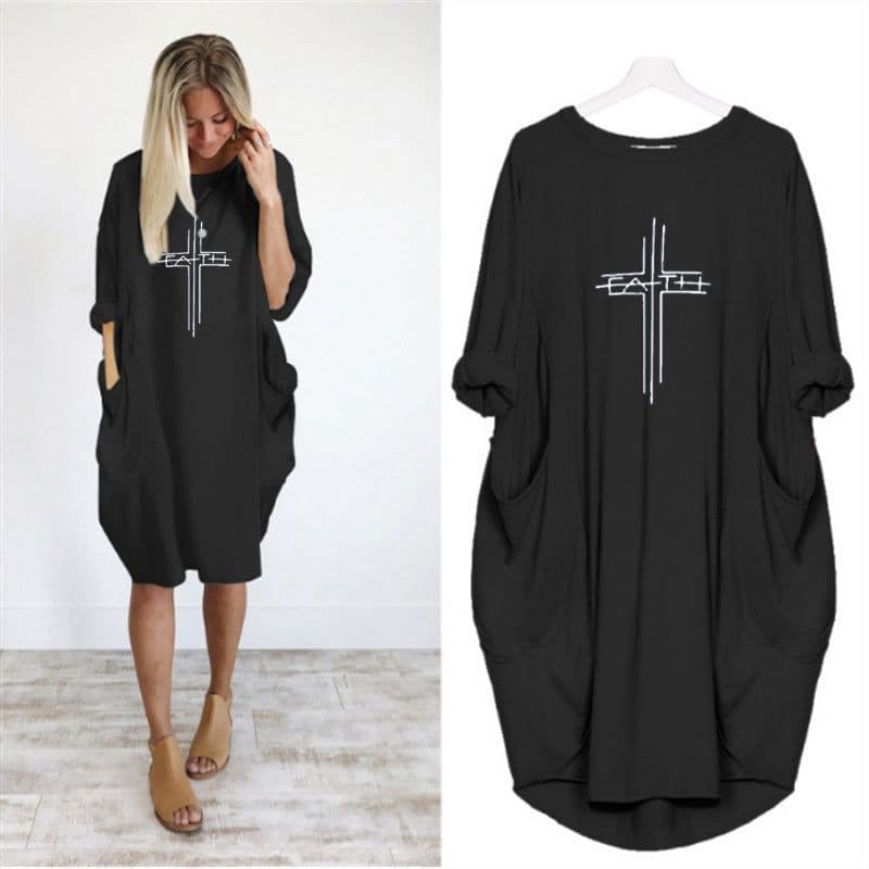 image-Women's Round Neck Long Sleeve Printed Loose Midi Dress