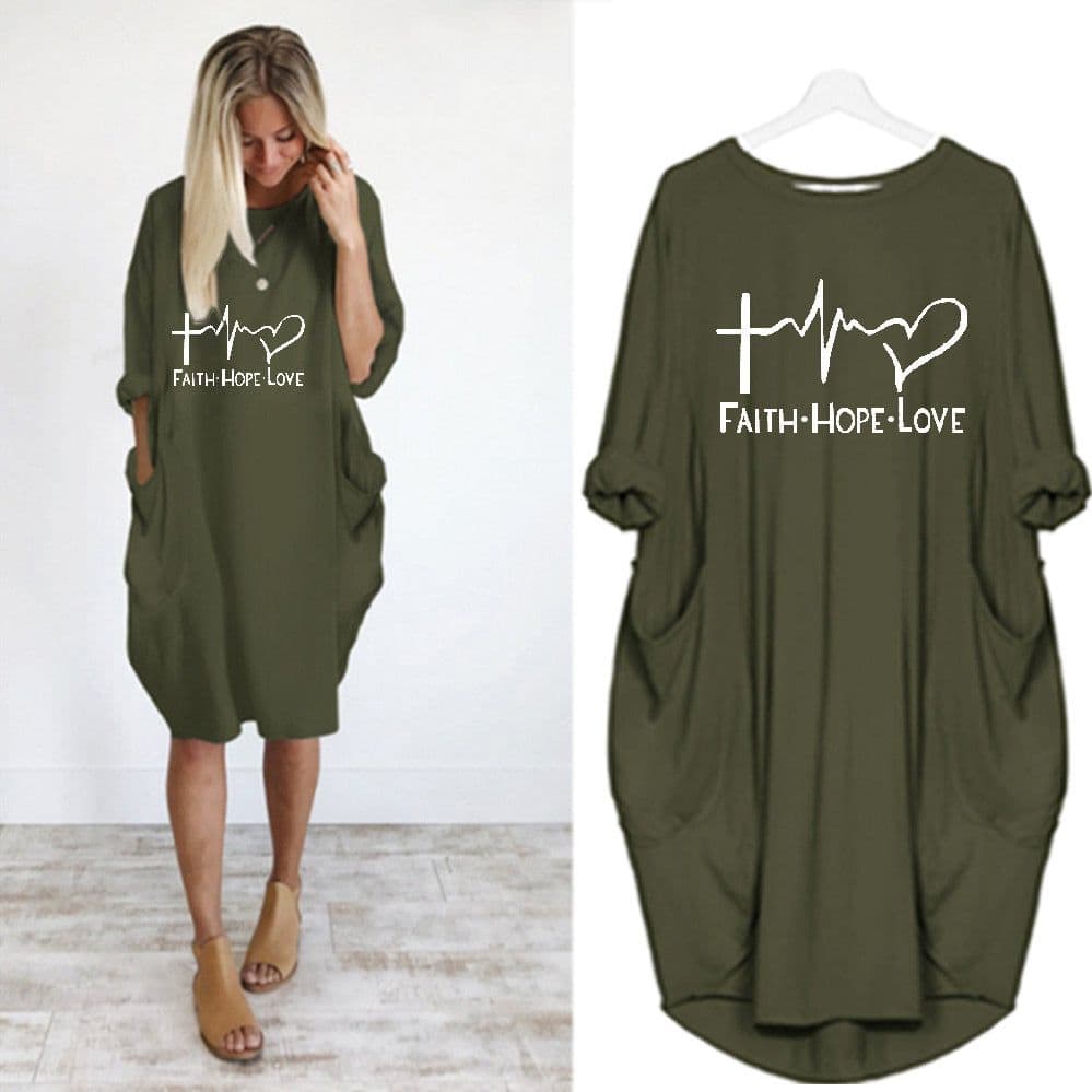 image-Women's Round Neck Long Sleeve Printed Loose Midi Dress