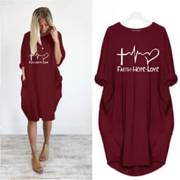 image-Women's Round Neck Long Sleeve Printed Loose Midi Dress