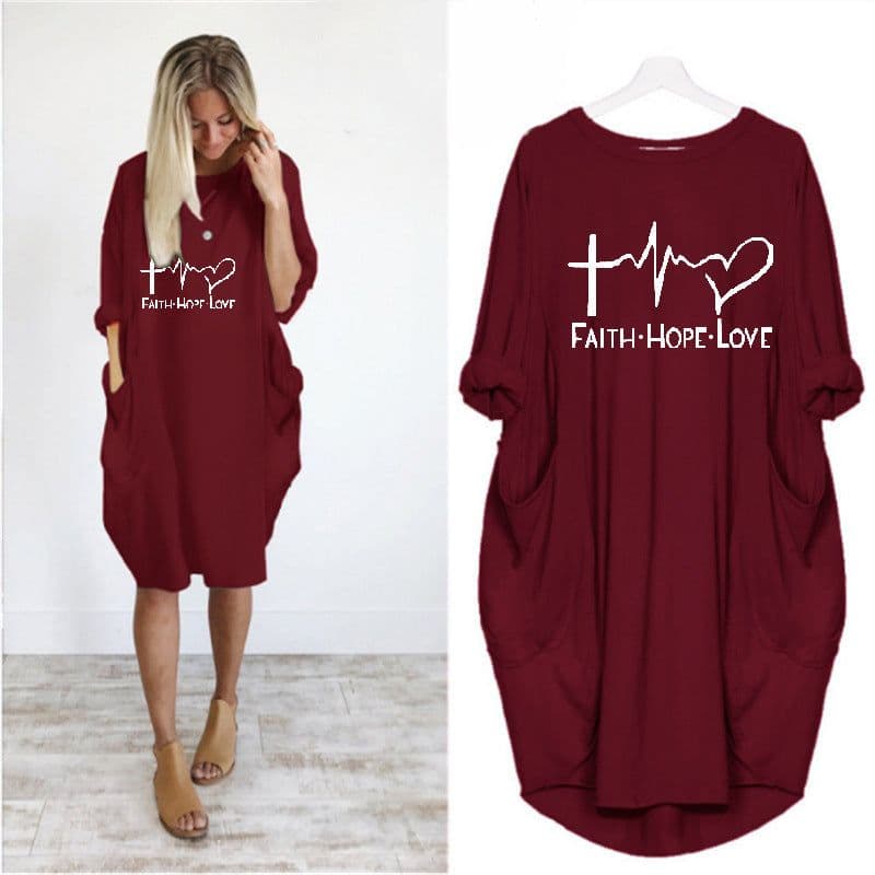 image-Women's Round Neck Long Sleeve Printed Loose Midi Dress