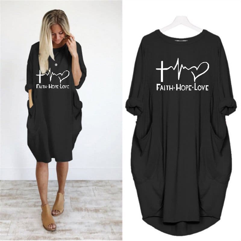 image-Women's Round Neck Long Sleeve Printed Loose Midi Dress