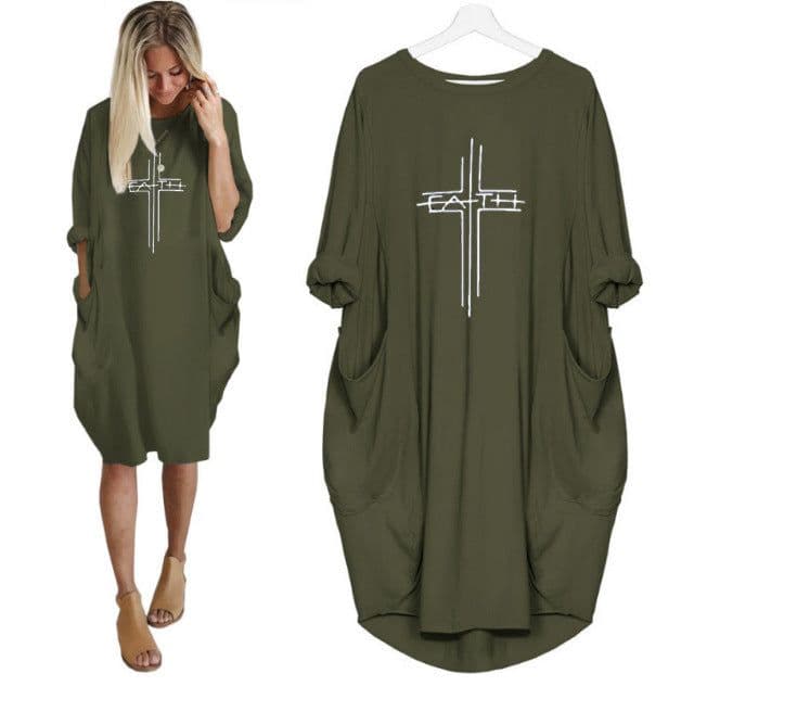 image-Women's Round Neck Long Sleeve Printed Loose Midi Dress