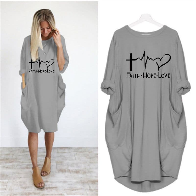 image-Women's Round Neck Long Sleeve Printed Loose Midi Dress