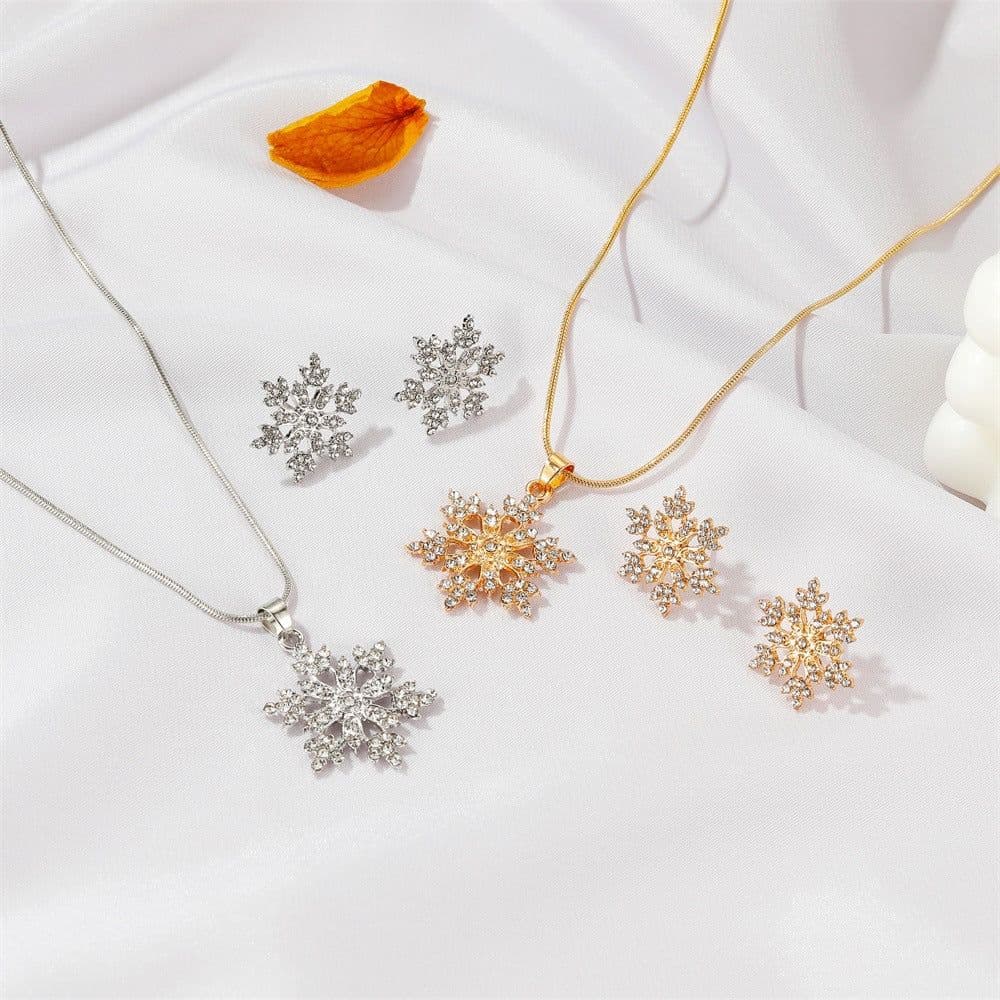 image-Snowflake Necklace and Earring Set with Crystal Embellishments
