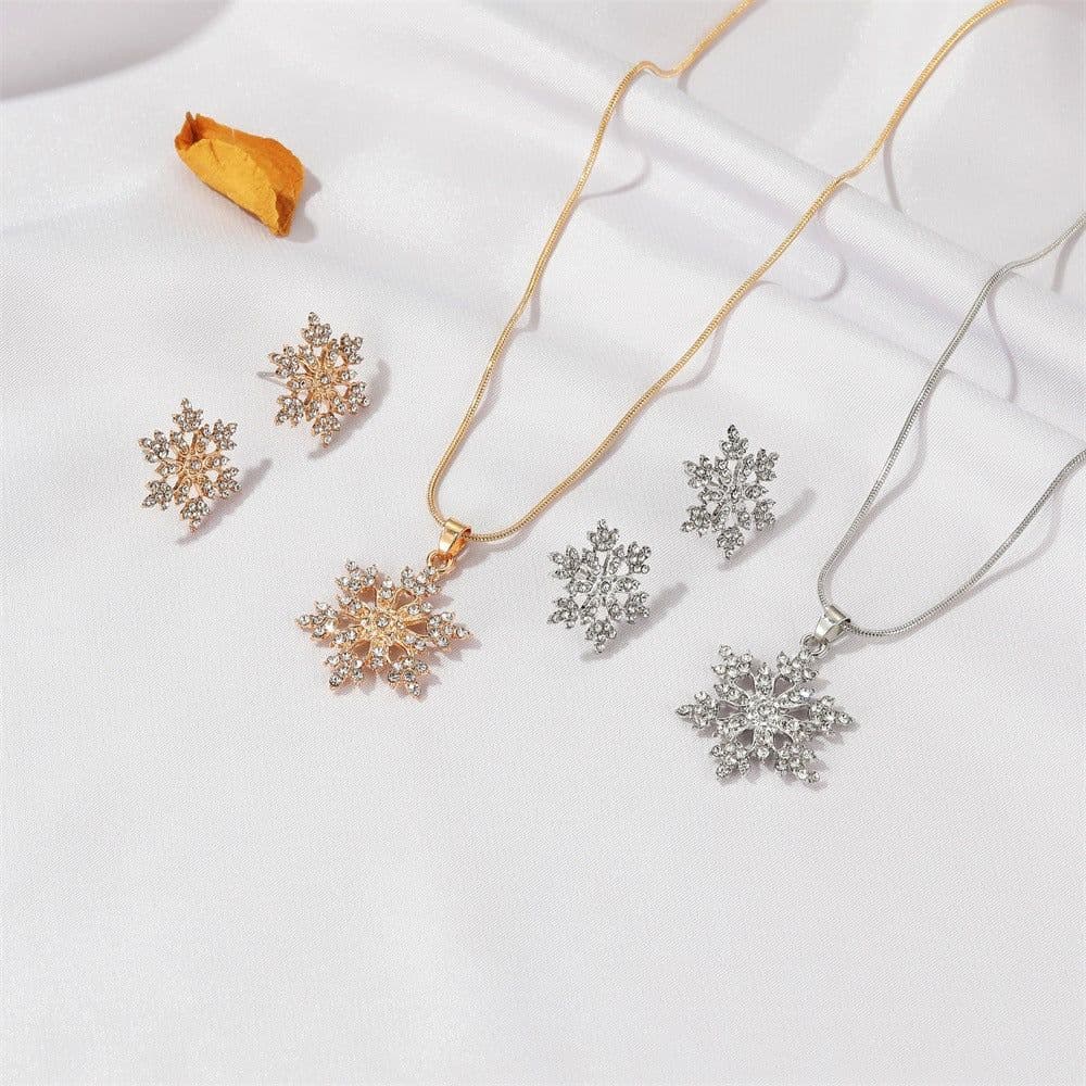 image-Snowflake Necklace and Earring Set with Crystal Embellishments