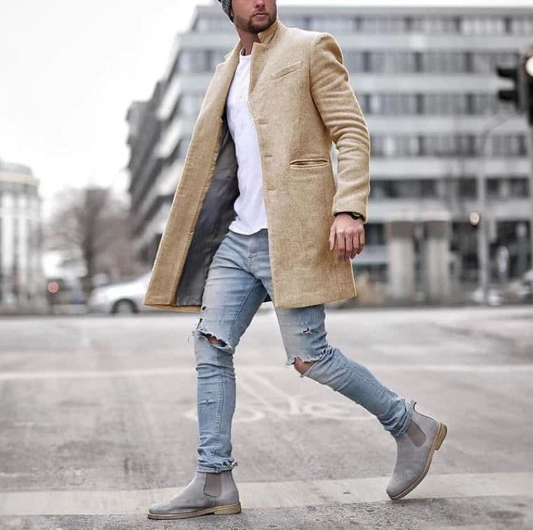 image-Men's Brown Wool Blend Overcoat Lapel Single-Breasted Jacket