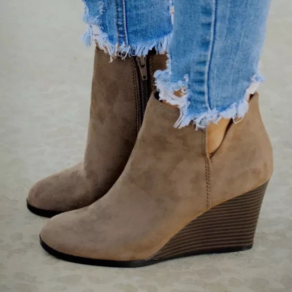 image-Women's Suede Chelsea Ankle Boots Wedge Heel Mid-Calf