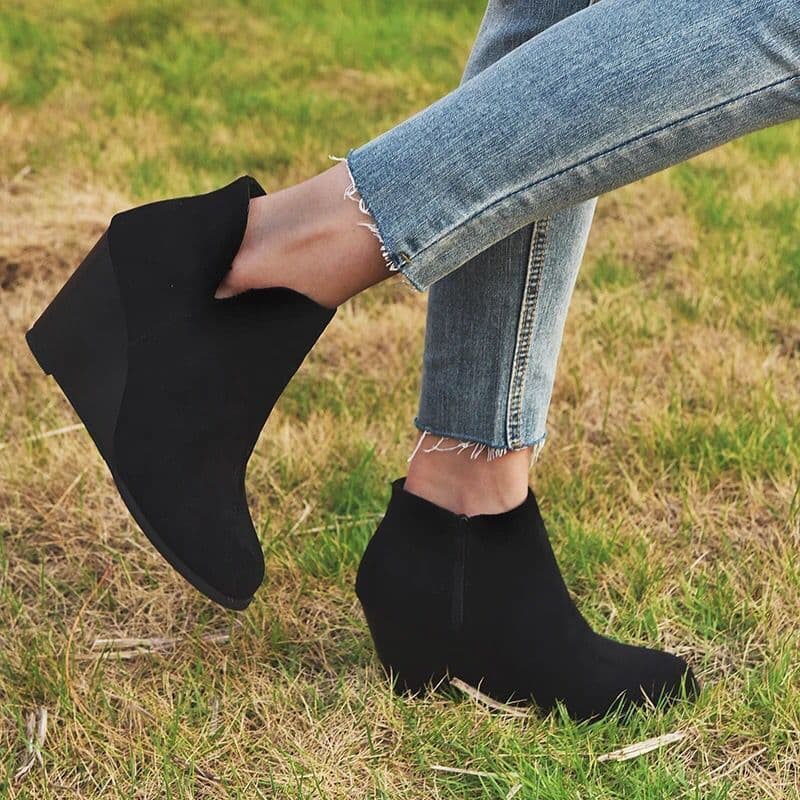 image-Women's Suede Chelsea Ankle Boots Wedge Heel Mid-Calf