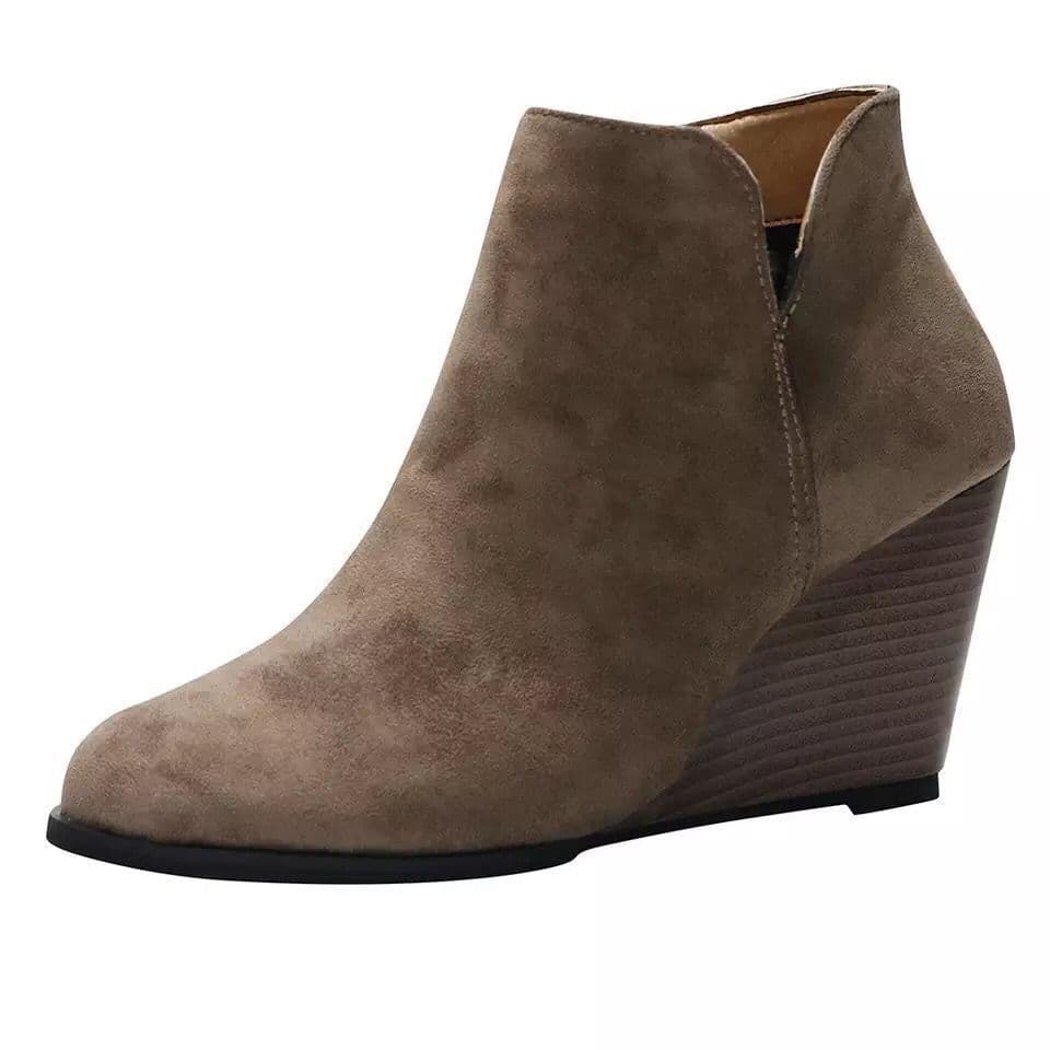 image-Women's Suede Chelsea Ankle Boots Wedge Heel Mid-Calf