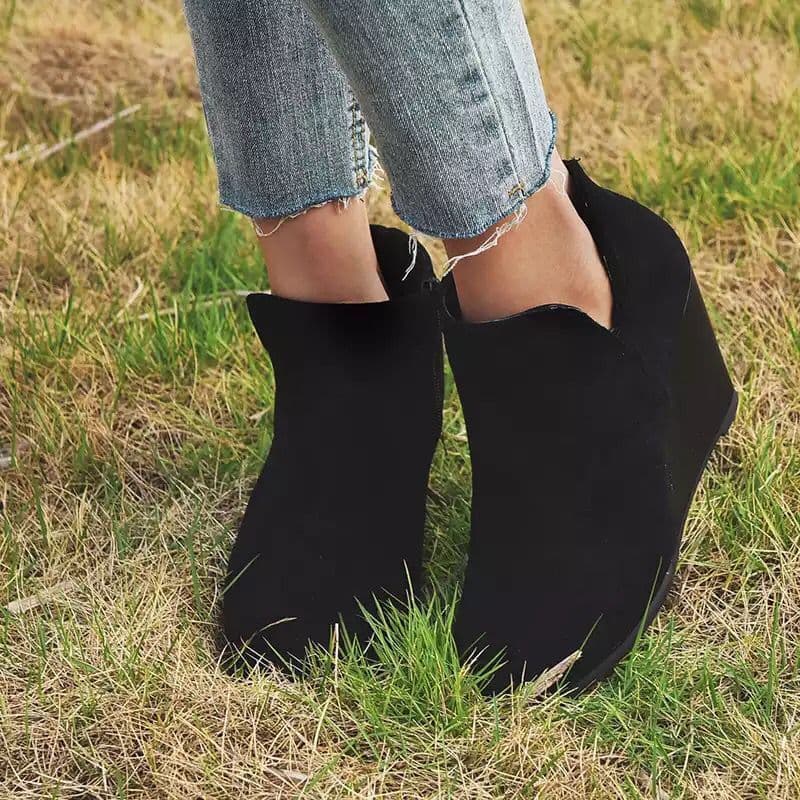 image-Women's Suede Chelsea Ankle Boots Wedge Heel Mid-Calf