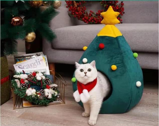 image-Christmas Pet House Felt Cat Bed Green Tree Design L 65x45cm