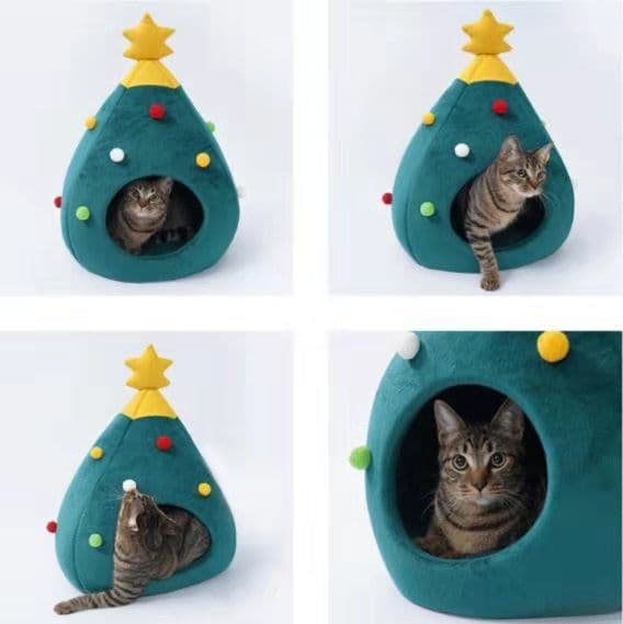 image-Christmas Pet House Felt Cat Bed Green Tree Design L 65x45cm