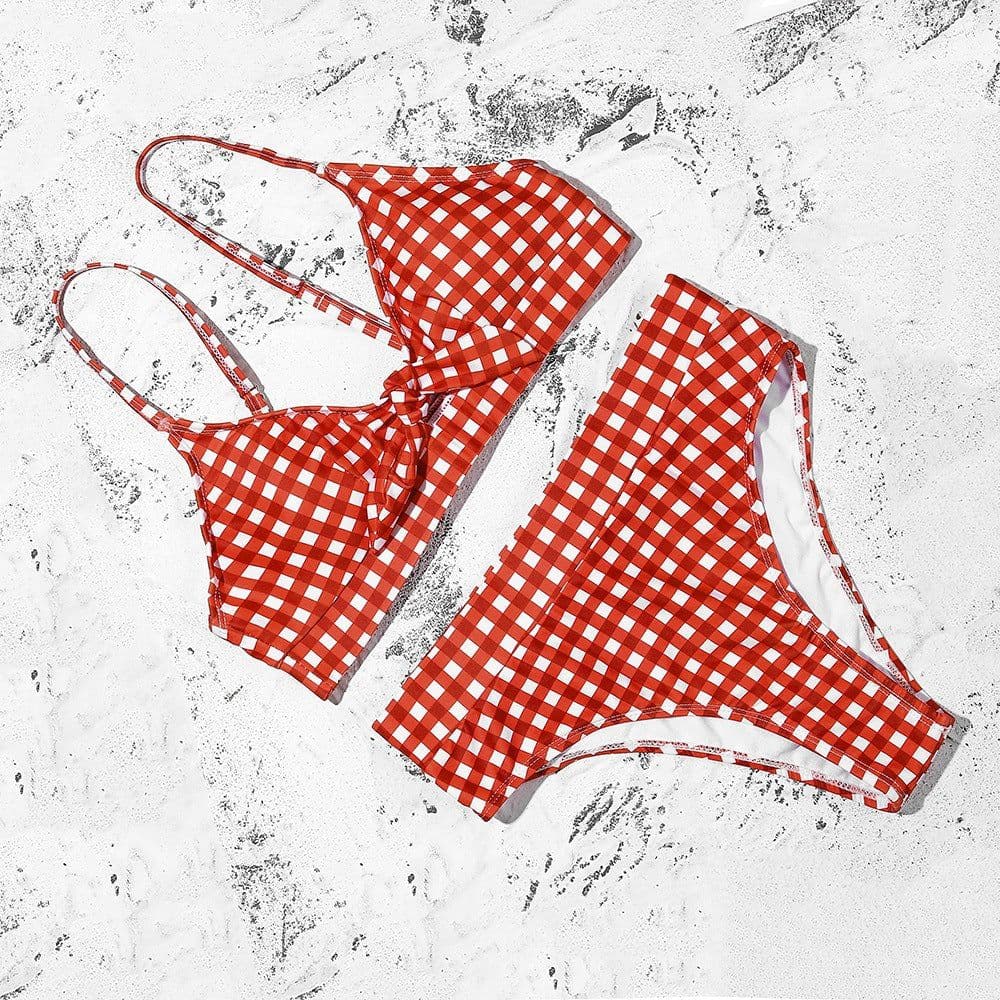 image-Women's Plaid High Waist Bikini Swimsuit with Bow Detail