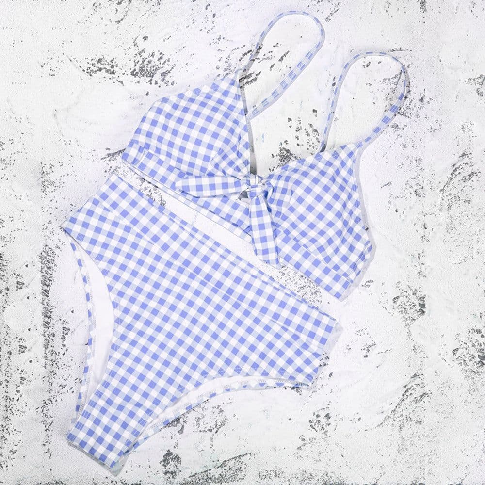 image-Women's Plaid High Waist Bikini Swimsuit with Bow Detail