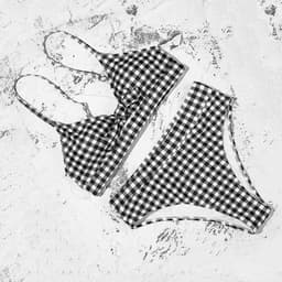 image-Women's Plaid High Waist Bikini Swimsuit with Bow Detail