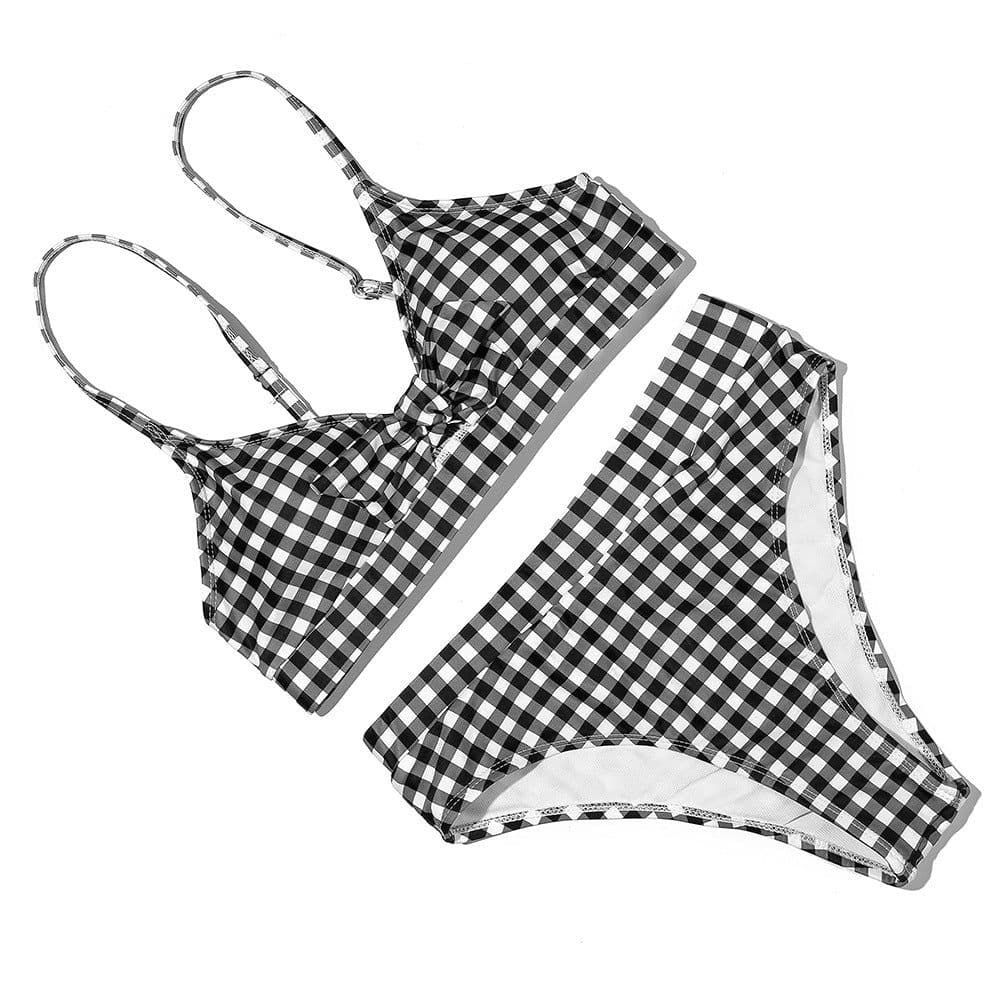 image-Women's Plaid High Waist Bikini Swimsuit with Bow Detail