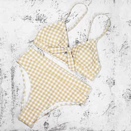 image-Women's Plaid High Waist Bikini Swimsuit with Bow Detail