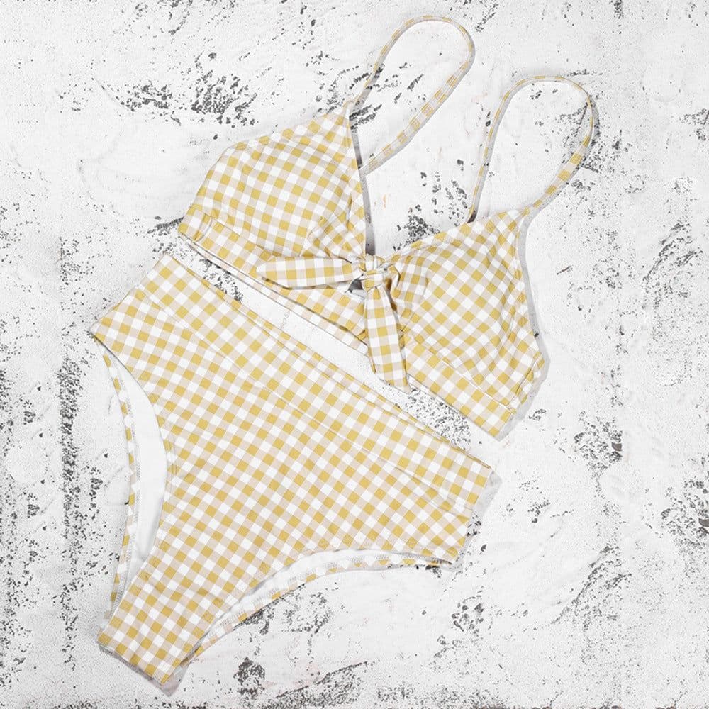 image-Women's Plaid High Waist Bikini Swimsuit with Bow Detail