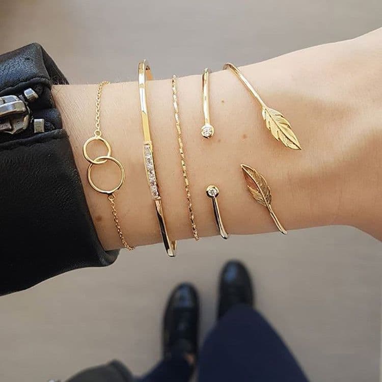 image-Alloy Leaf Diamond Bracelet Set 5-Piece