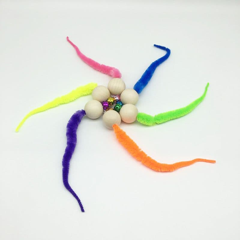 image-Wooden Bead Cat Toy with Bell - Caterpillar Shape Interactive