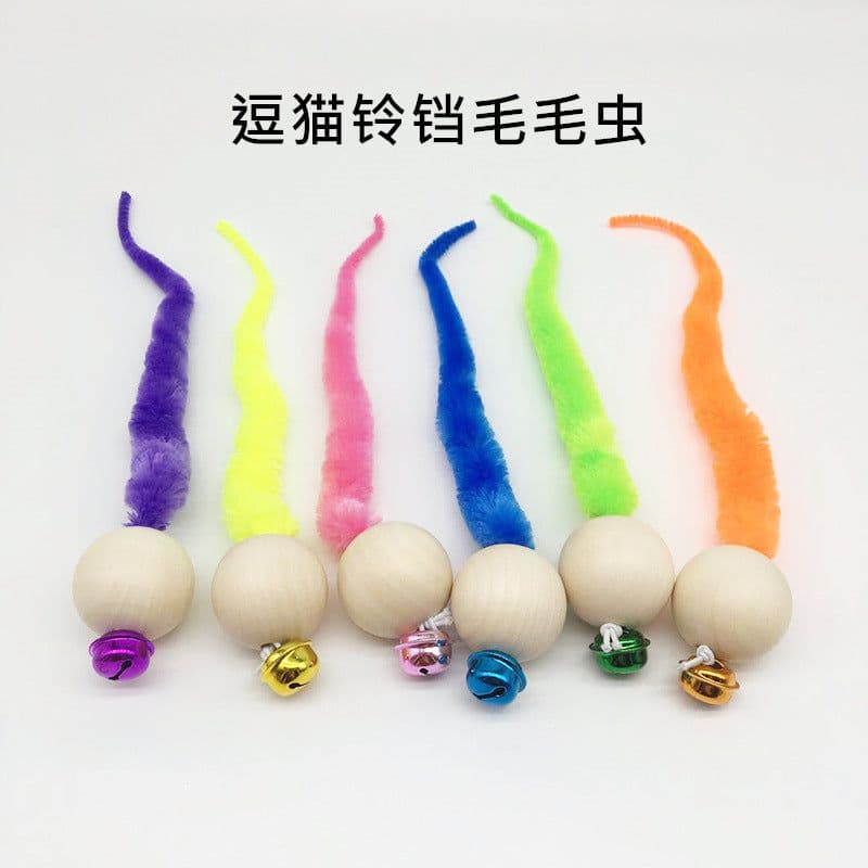 image-Wooden Bead Cat Toy with Bell - Caterpillar Shape Interactive