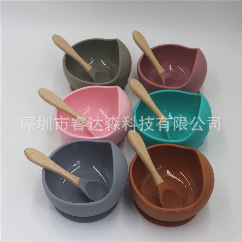 image-Morandi Color Silicone Baby Bowl & Spoon Set with Cover