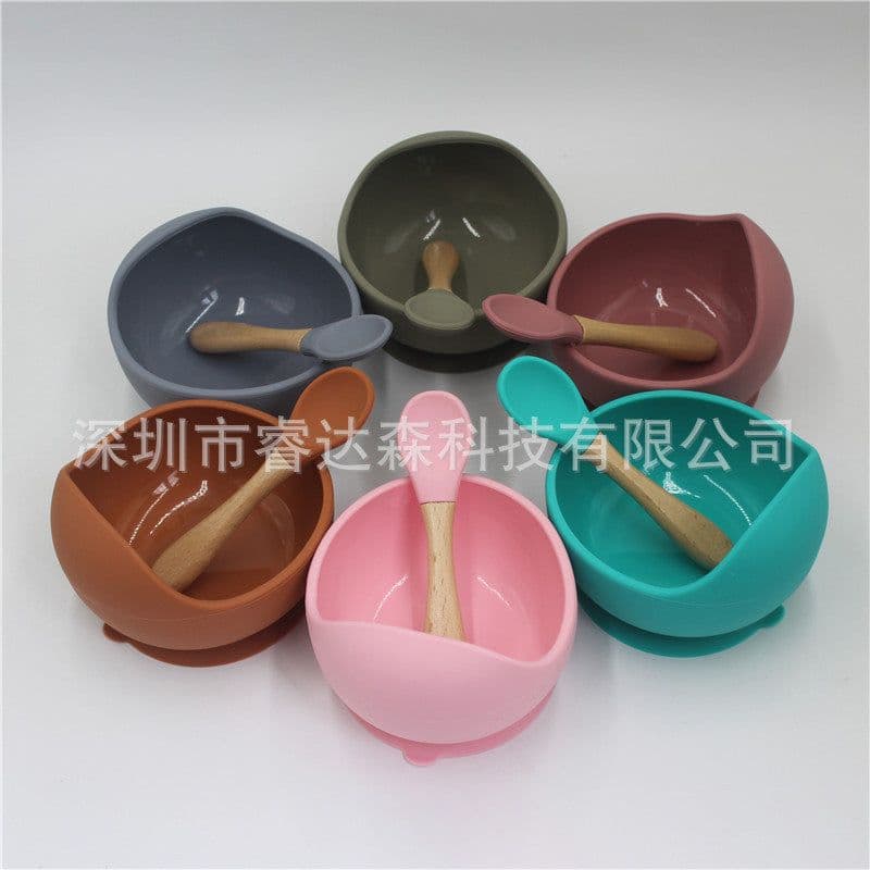 image-Morandi Color Silicone Baby Bowl & Spoon Set with Cover