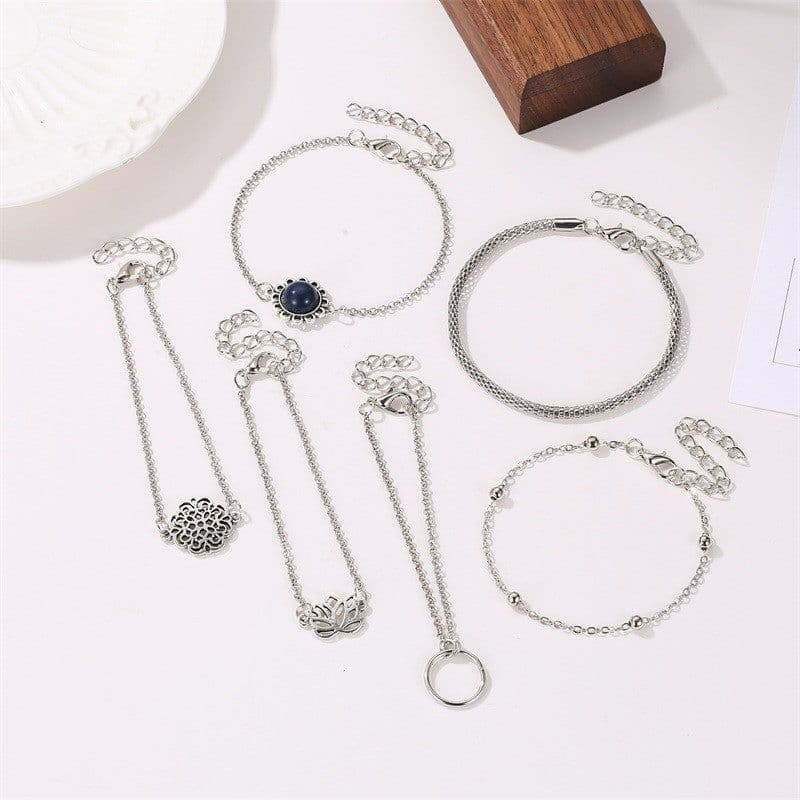 image-Women's Bohemian Bracelet Set 6-Piece Lotus Alloy Jewelry