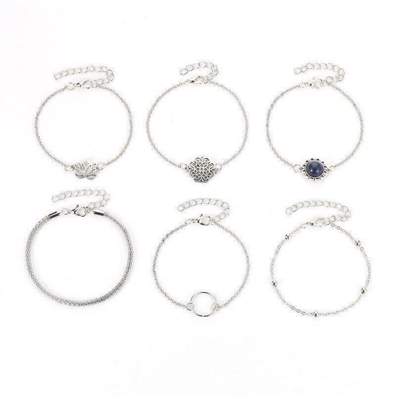 image-Women's Bohemian Bracelet Set 6-Piece Lotus Alloy Jewelry