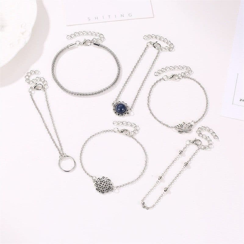 image-Women's Bohemian Bracelet Set 6-Piece Lotus Alloy Jewelry