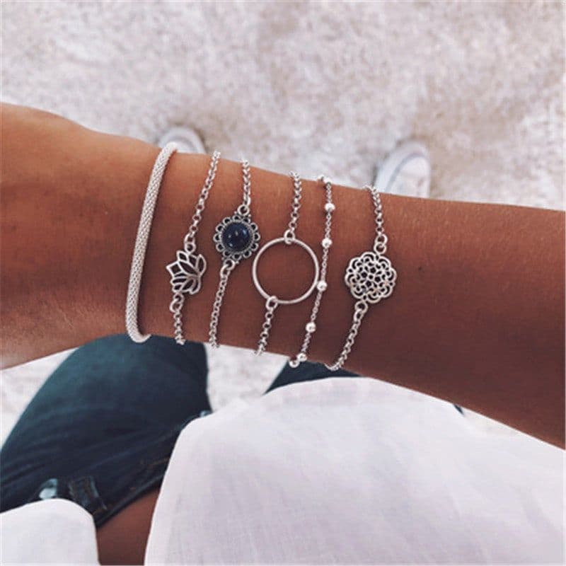 image-Women's Bohemian Bracelet Set 6-Piece Lotus Alloy Jewelry