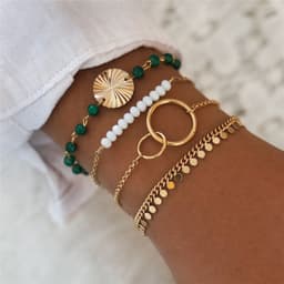 image-White Green Bead Multi-Layer Tassel Bracelet Set 4-Piece Alloy