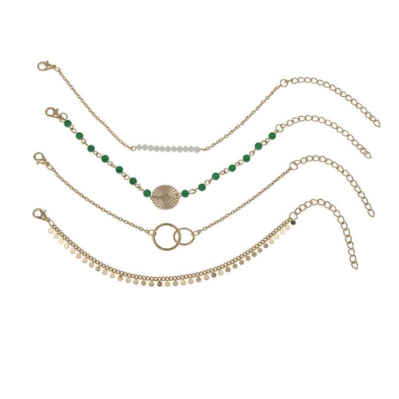 image-White Green Bead Multi-Layer Tassel Bracelet Set 4-Piece Alloy