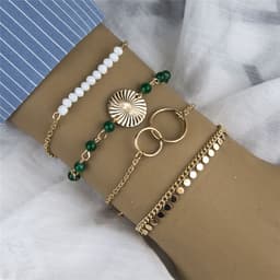 image-White Green Bead Multi-Layer Tassel Bracelet Set 4-Piece Alloy