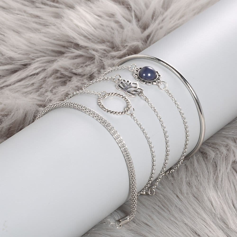 image-Bohemian Lotus Leaf Stone Bead Chain Five-Piece Bracelet Set