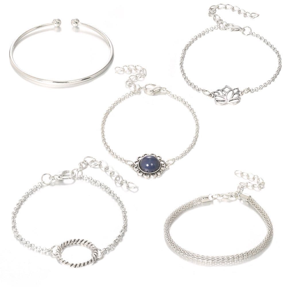image-Bohemian Lotus Leaf Stone Bead Chain Five-Piece Bracelet Set