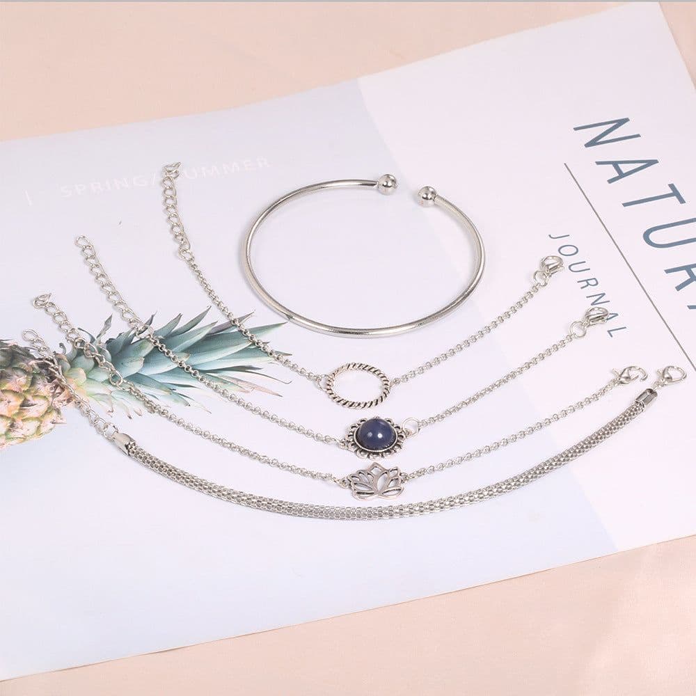 image-Bohemian Lotus Leaf Stone Bead Chain Five-Piece Bracelet Set