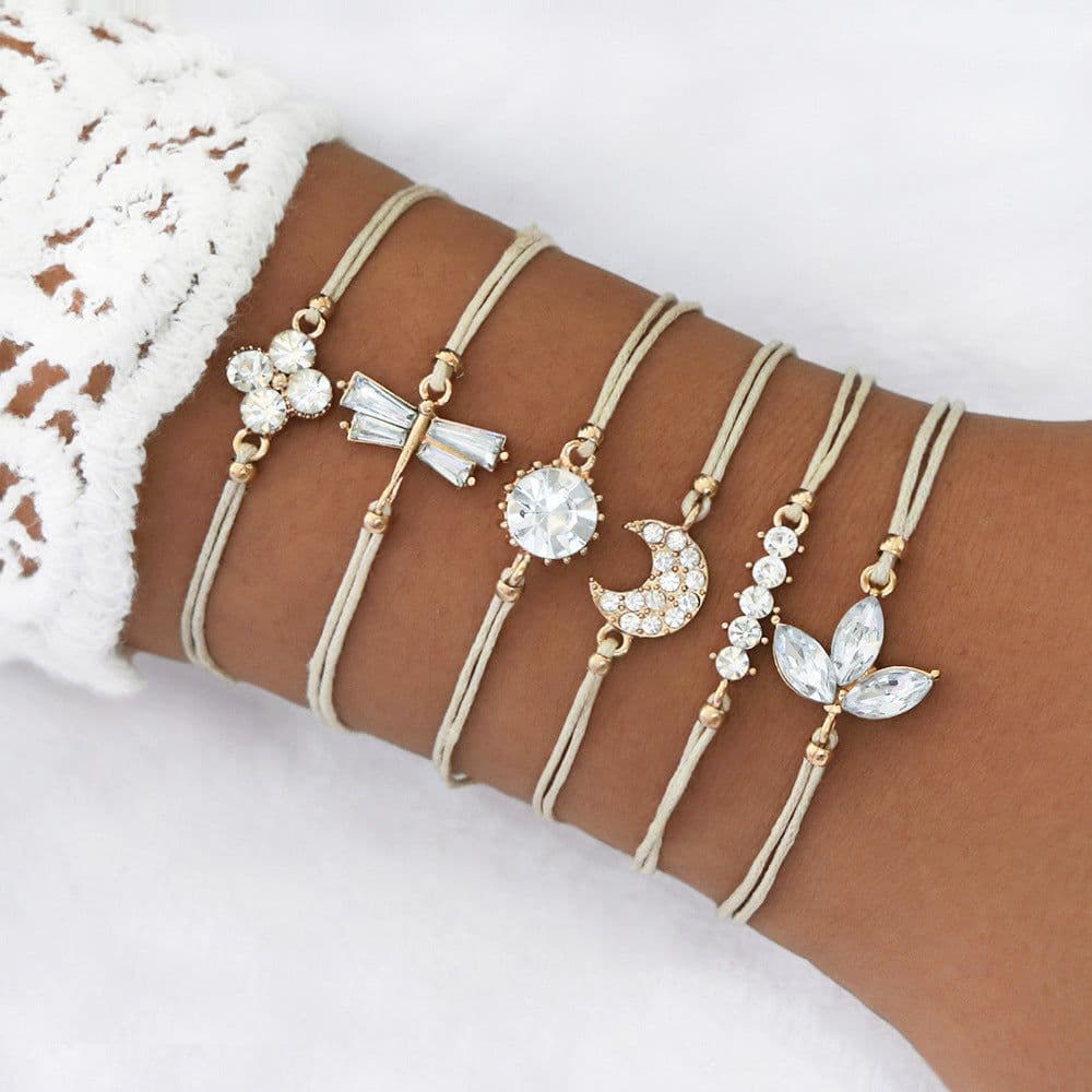 image-Geometric Stone Bracelet Set 6-Piece Braided Rope Moon Dragonfly