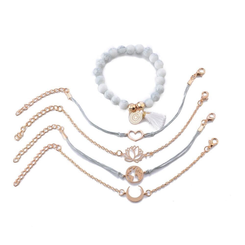 image-Beaded Bracelet Set 5 Piece Love Moon Lotus Geometric Design