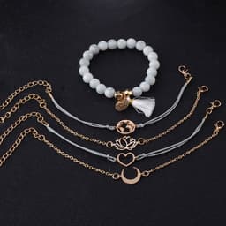 image-Beaded Bracelet Set 5 Piece Love Moon Lotus Geometric Design