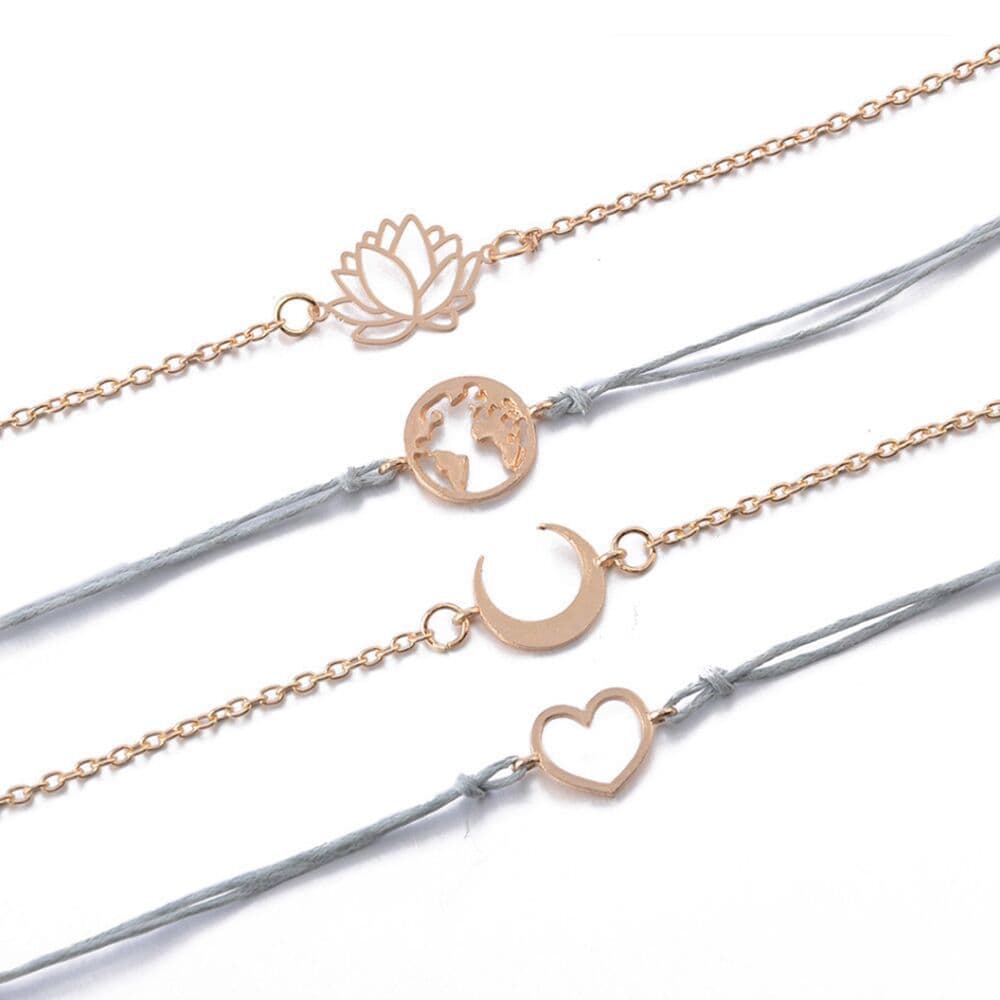image-Beaded Bracelet Set 5 Piece Love Moon Lotus Geometric Design